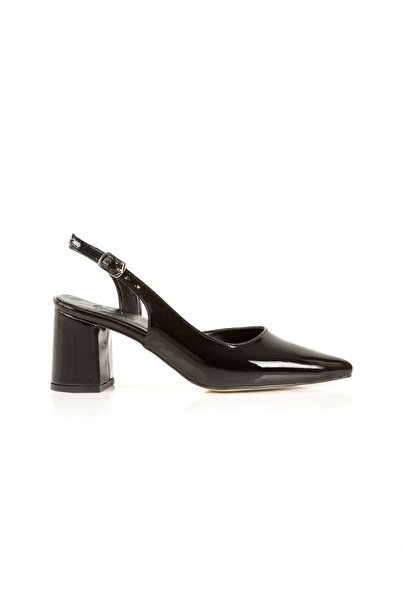 Modabuymus Verlik Black Patent Leather Short Thick Heeled Stiletto Asymmetrical Strap Women's Shoes