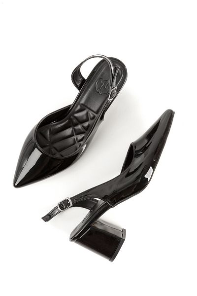 Modabuymus Verlik Black Patent Leather Short Thick Heeled Stiletto Asymmetrical Strap Women's Shoes