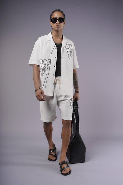 king brich Embroidery Detailed Cotton Linen Shorts Set