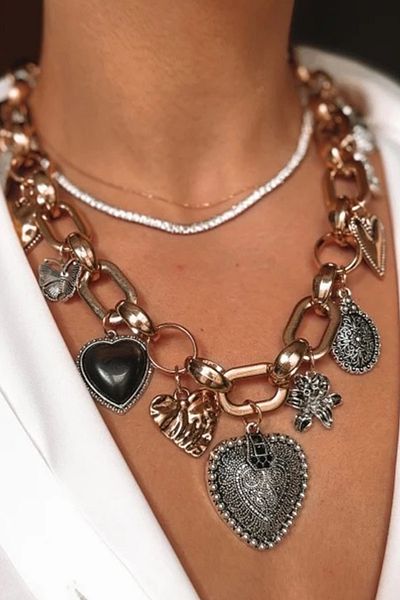 Modex Vintage Heart Figured Gold and Silver Mix Charm Design Necklace