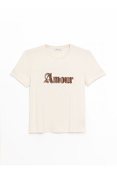 LC Waikiki Tricou de damă cu mânecă scurtă, brodat cu paiete, cu gât crew