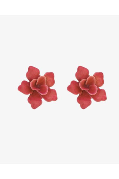 Pinery Jewels Vip Series - Brand Model Pink Flower and Minimal Gold Earring Set Pair 4.5 cm
