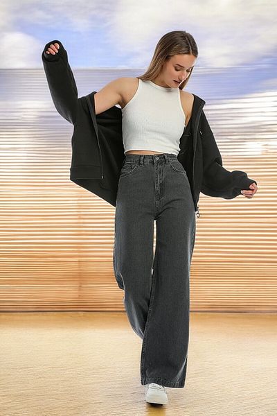 Livik Isabelle Women's Smoked Extra High Waist Stretchy Loose Wide Leg Jeans