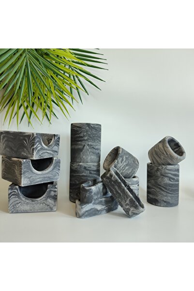 Hgo Atelier Dark Concrete 4 Piece Office Set Pen Holder-Visiting Card Holder-Flower Pot-Note Paper Holder