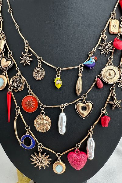 Modex Vintage Detailed Colorful Charm Multi-Layered and Figured Design Necklace