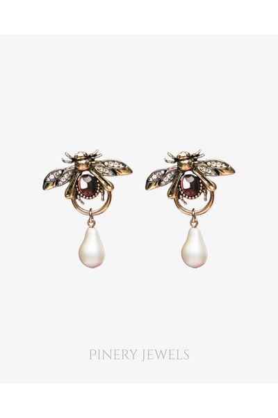 Pinery Jewels Brand Model Metal Bee Pearl Women's Earrings Pair 5 cm