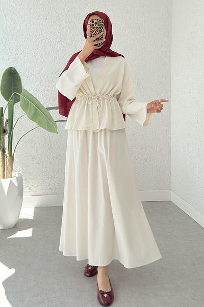 Salih Çelebi Waist Gathered Kimono Skirt Set 2354 - Ecru