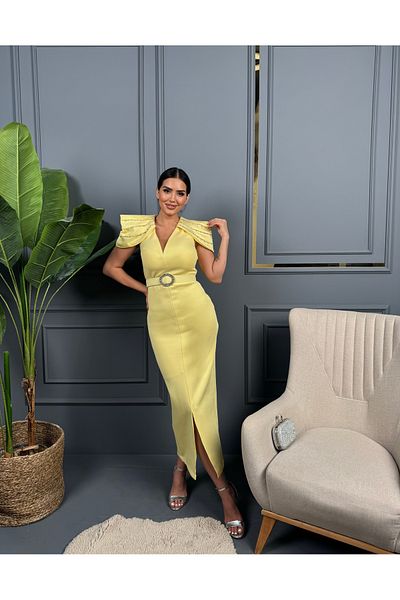 1Moda1Tarz Rochie de damă din țesătură scuba importată, cu detaliu de umăr cu piatră, căptușită cu centură, cu design special