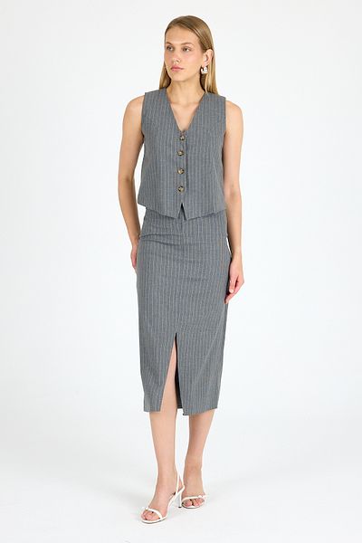 GAMZE ALPTEKİN Slit Skirt Vest Suit Striped Fabric Suit