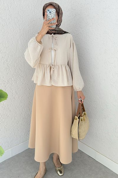 Salih Çelebi Short Kimono Above Skirt 2347 - Beige