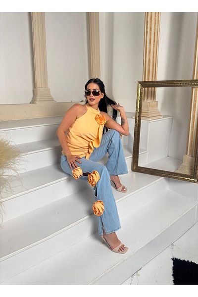 1Moda1Tarz Γυναικεία εισαγόμενη μπλούζα από ύφασμα κατάδυσης με λεπτομέρεια από τριαντάφυλλο και σάλι με ειδική σχεδίαση