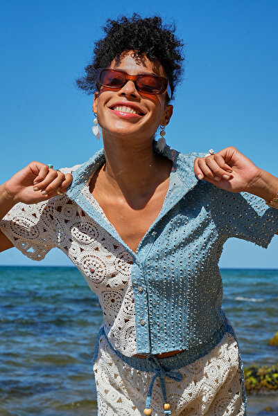 ASEDE Cămașă premium din denim cu paiete și paiete cu dantelă