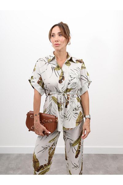Maldia Shop Women's Leaf Pattern Beige Bottom Top Set