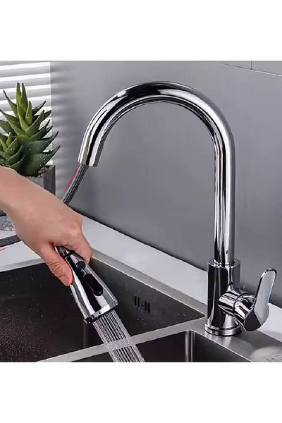 RENA DESIGN Chrome Spiral Mountain Bath Battery Double Mode Pull-And-Let Extending Head Princeton Body Kitchen Faucet
