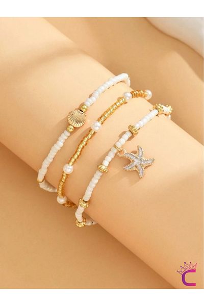 Cinderella 3-Piece Combination Seashell Pearl Star Miyuki Bead Anklet - Beach Jewelry Foot Bracelet Jewelry