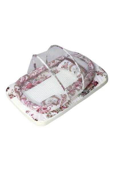 BabyCara Baby Net Bed with Thick Mattress Mosquito Net & Neck Pillow for New Born Babies 80x50x5cm RedRose