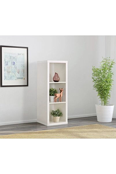 IKEA 3 Bölmeli Ahşap Salon Rafı 42x39x112 Cm Ahşap Kitaplık Beyaz Renk Raf