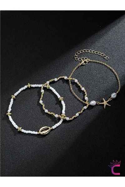 Cinderella 3-Piece Combination Gold Starfish Miyuki Bead Anklet - Seashell Beach Jewelry Foot Bracelet