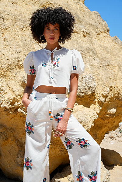 ASEDE Embroidered Front Tie 100% Cotton Blouse Trousers Set