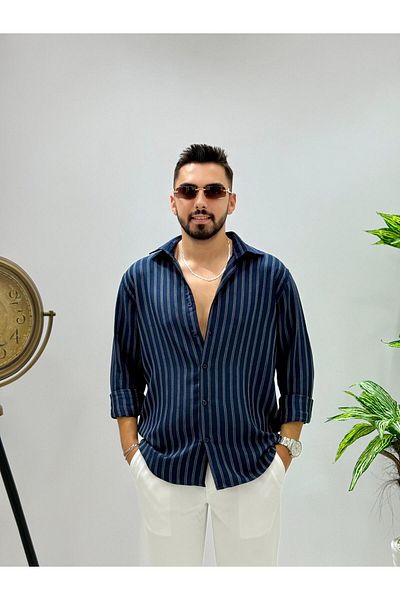 JACK CAPRİO Мъжка тъмносиня ленена риза с огнени райета