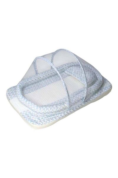 BabyCara Baby Net Bed with Thick Mattress Mosquito Net & Neck Pillow for New Born Babies 80x50x5cm Blue