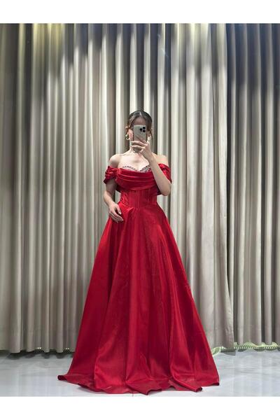 Kaleiçi Yıldızlar Kırmızı Yeni Sezon Taşlı Abiye 5318