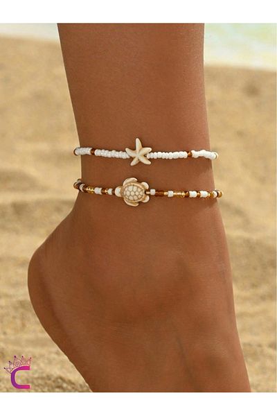Cinderella 2-Piece Combination Caretta Bohemian Gold Copper Beaded Anklet - Starfish Beach Accessory Foot Jewelry