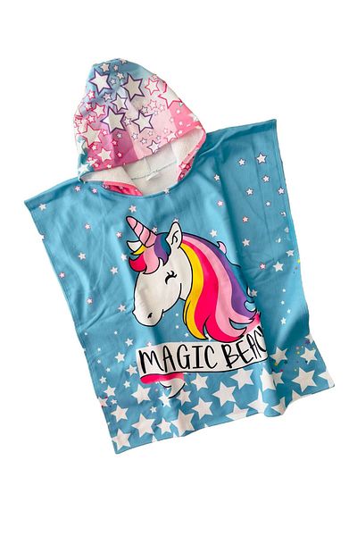 Minigimin Cicileri My Little Cicileri Magic Beac Uncrn Patterned Girl's Poncho Towel - Light Blue