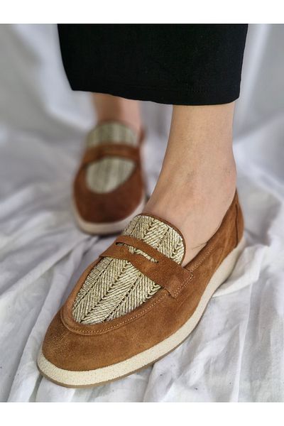 aayak&kabımofficial Genuine Leather Straw Detailed Women's Loafer – Stylish and Comfortable Casual Shoes