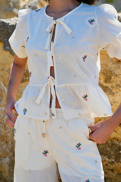 ASEDE Embroidered Front Tie 100% Cotton Blouse Trousers Set