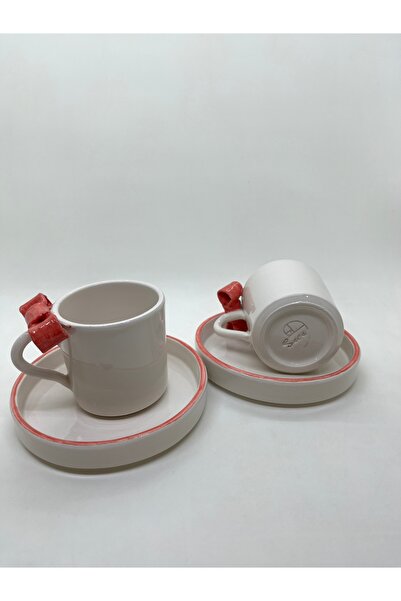 sece Türk Kahvesi Fincan Takımı 2'li El Yapımı Seramik Fiyonk Desenli 2'li