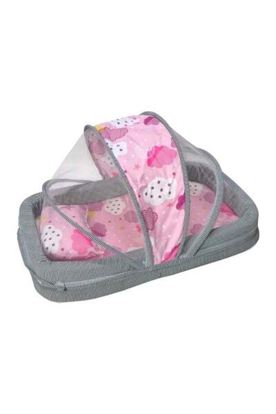 BabyCara Baby Net Bed with Thick Mattress Mosquito Net & Neck Pillow for New Born Babies 80x50cm Pink