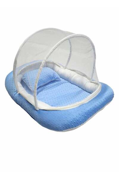 BabyCara Baby Net Bed with Thick Mattress Mosquito Net with Zip Closure & Neck Pillow for Newborn Baby Blue