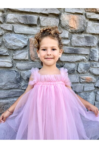 penu baby kids Pembe Askılı Tül Jile Arkası Kelebek Kanatlı Kız Çocuk Kız Bebek Elbise
