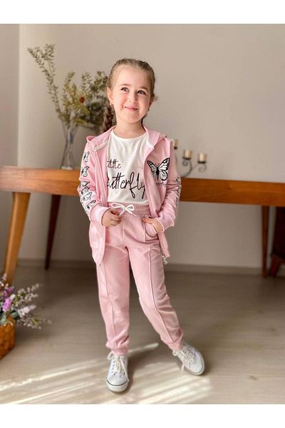 Minigimin Cicileri My Little Cicileri Butterfly Printed Grass Hooded 3-Piece Girl's Set - Pink