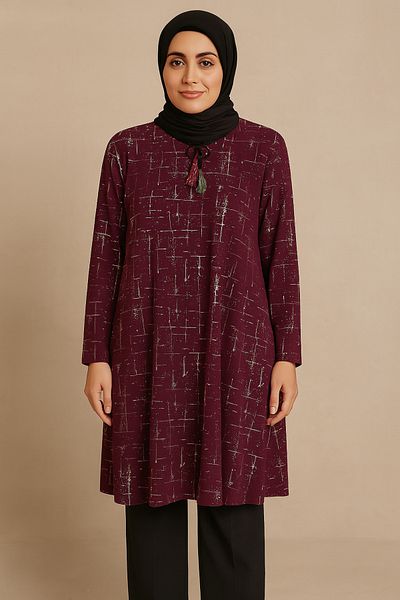 Ravencia Women's Stripe Patterned Drawstring Glitter Tunic Burgundy