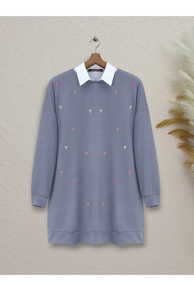 KAZAK Crew Neck Heart Embroidered Slit Tunic - Gray