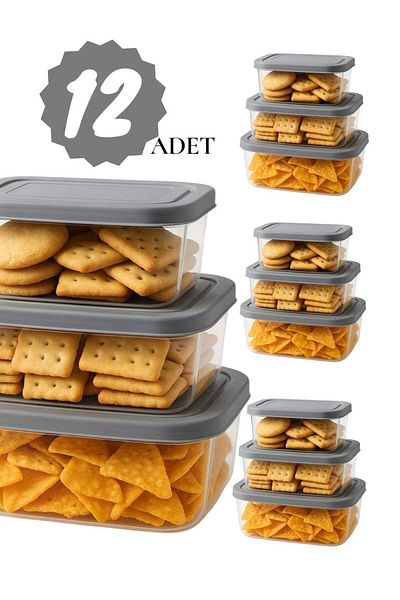 Herza House Set of 12 Rectangular Trendy Storage Containers 1200 ml - 740 ml - 400 ml