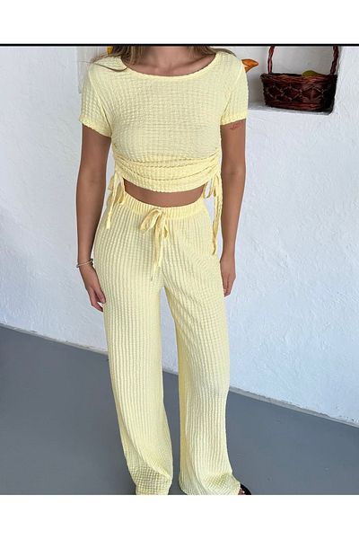 Elysira Women's Crop Textured Pants-Blouse Set with Side Ties