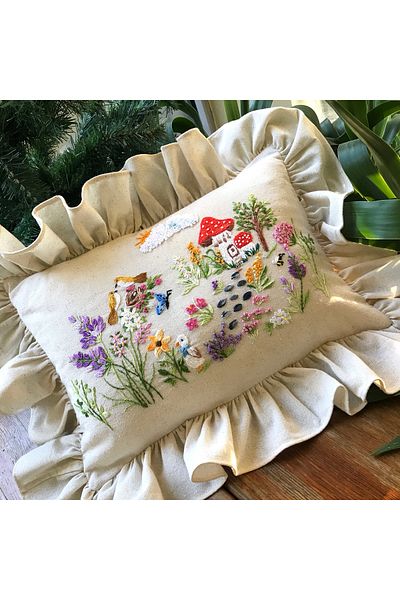 Home Fairy Tale Themed Baby Pillow. Wildflower Embroidered Hand Embroidered Linen Fabric with Inner Filling 60X45 Size