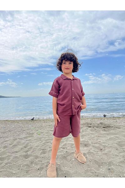 Cigit Embroidered Sleeves Shirt Shorts Linen Suit 2-7 Years Old Plum