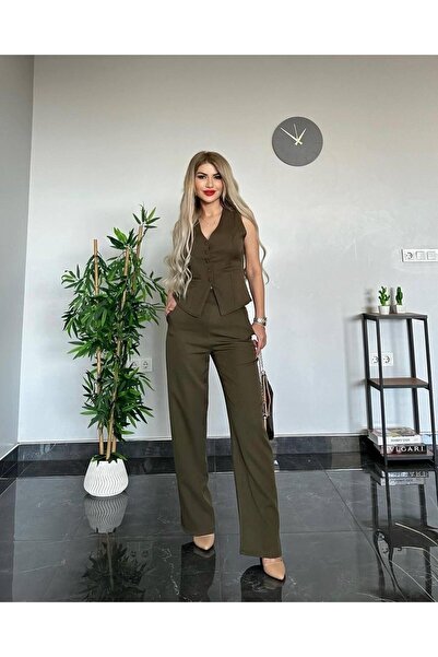 panda core Pandacore Kadın Şık Düğmeli Yelek & Bol Paça Pantolon Takım – Siyah, Kırmızı, Haki Renk Seçenekli