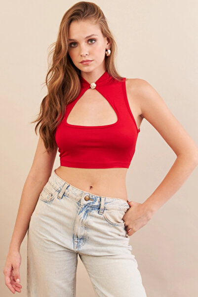 Cool & Sexy Women's Red Button Detailed Window Blouse Ey3110