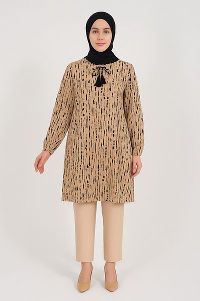 Ravencia Women's Stripe Patterned Woven Tunic Beige