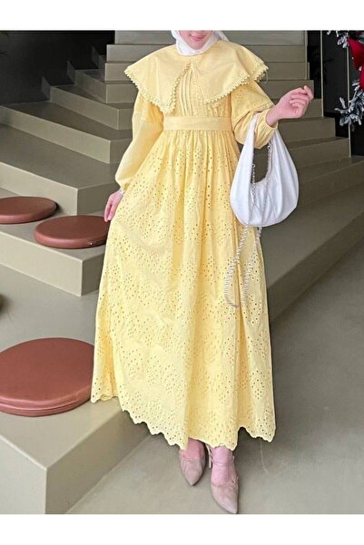 Genel Markalar Pelerin Yaka Dantel Detaylı Elbise -Sarı