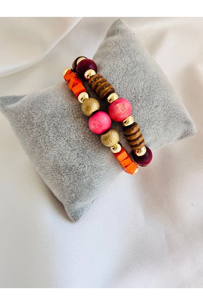 COCOSH TAKI Orange Pink Gold Wood Bead Multi Combination Bracelet