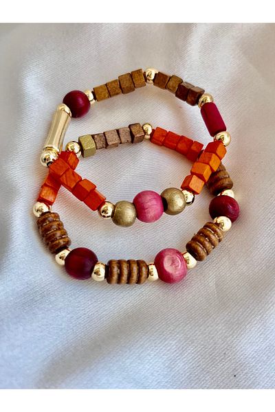 COCOSH TAKI Orange Pink Gold Wood Bead Multi Combination Bracelet