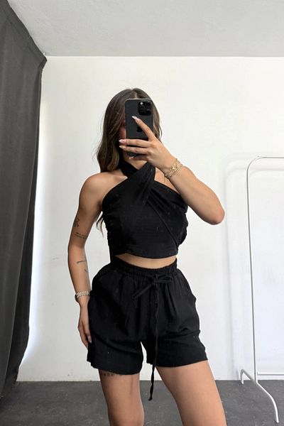 MOZENA Halter Neck Linen Crop and Shorts Two Piece Set
