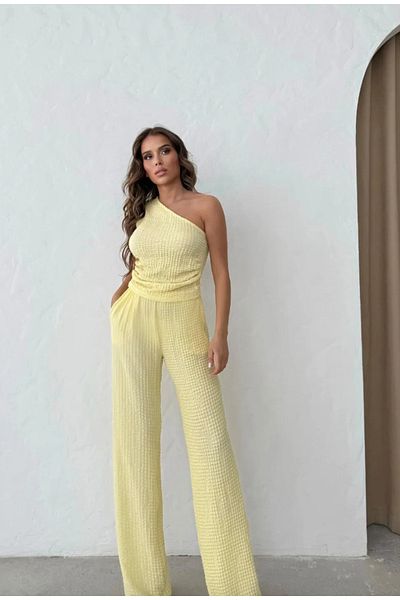 Elysira Single Sleeve Women's Seersucker Pants-Blouse Set