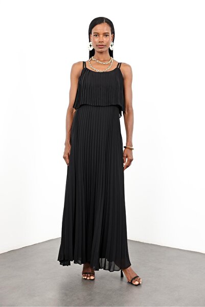 5in1Canpolat Black Pleated Chiffon Dress 00778